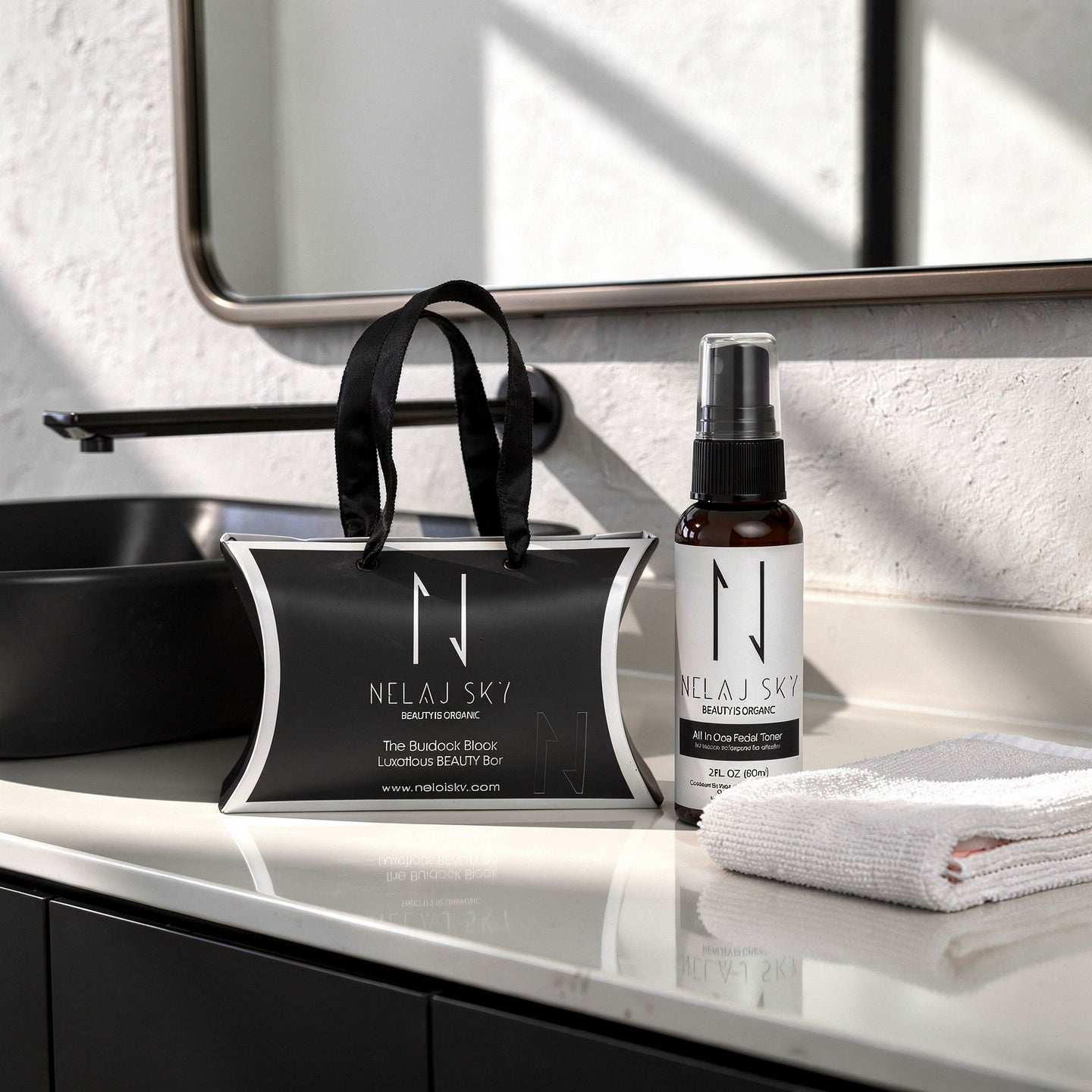 Nelaj Sky skincare products on a bathroom counter with a mirror in the background