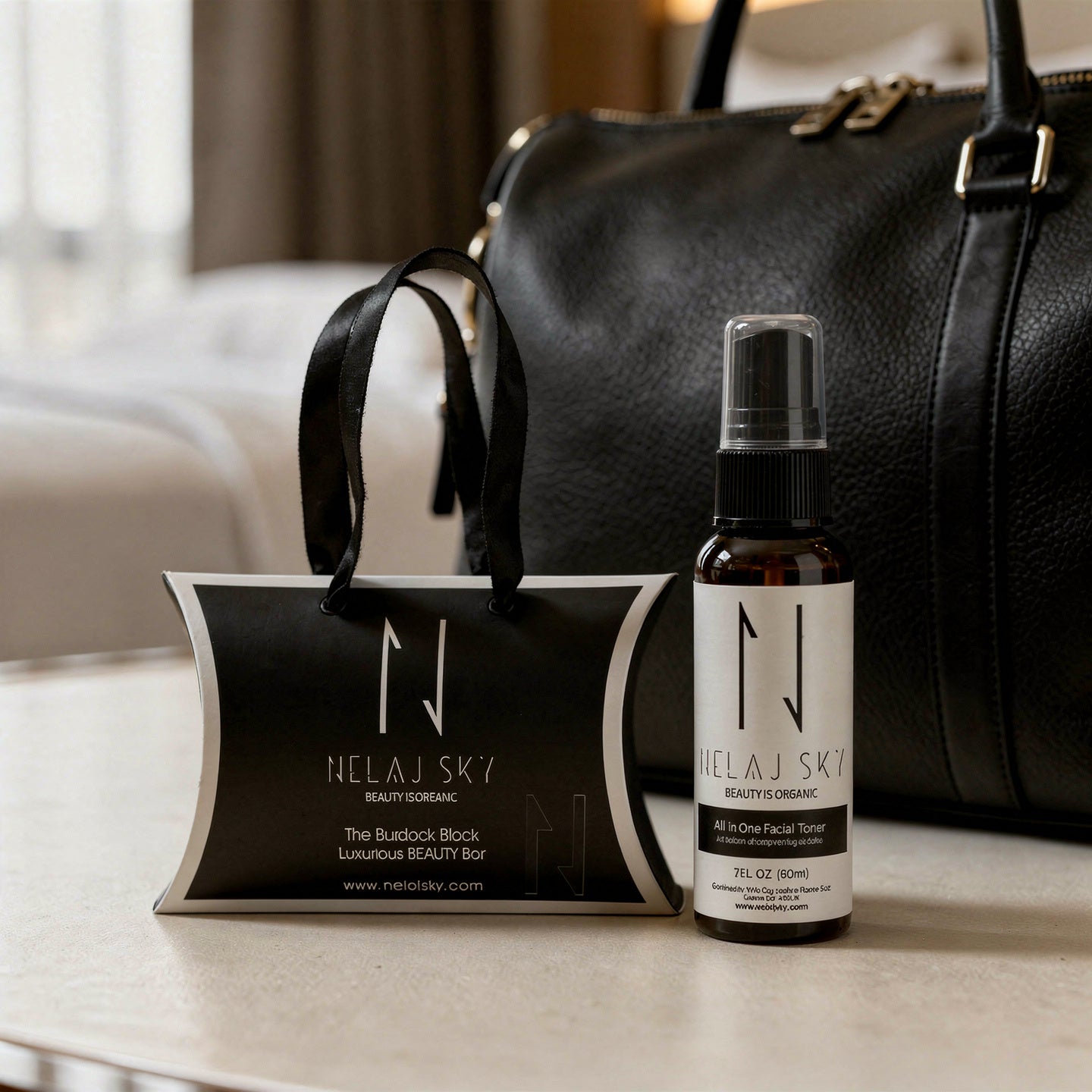 Nelaj Sky beauty products including a bottle and a bar on a surface with a black handbag in the background.