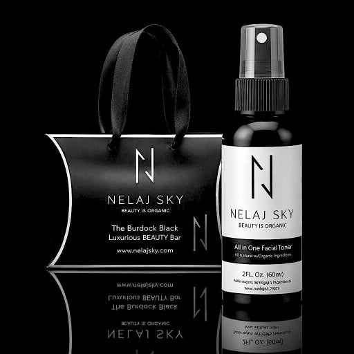 Nelaj Sky facial toner bottle and packaging on a black background